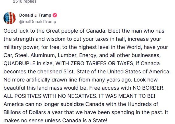 Ντόναλντ Τραμπ: «Ο Καναδάς πρέπει να γίνει η 51η Πολιτεία των ΗΠΑ – Ονειρεύομαι την ενσωμάτωσή του!»