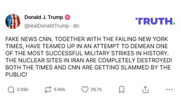 Οργή Τραμπ : «Fake news οι αποκαλύψεις του CCN και των New York Times ότι δεν καταστρέψαμε πλήρως το πυρηνικό πρόγραμμα του Ιράν»