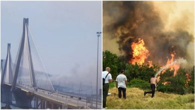 Αποκαλυπτικές εικόνες από τη γέφυρα Ρίου – Αντιρρίου δείχνουν τον πυκνό καπνό να σκεπάζει ολόκληρη την πόλη.